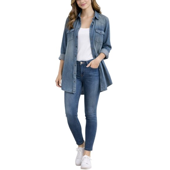 Leshop Women's Acid Wash Denim Shirt Dress | Oversized Fit & Flare | Pockets - Picture 3 of 8